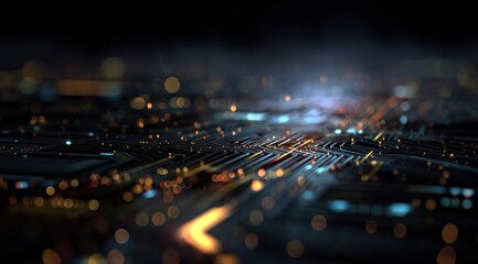 Abstract glowing circuit board lines with dark background and bokeh lights.