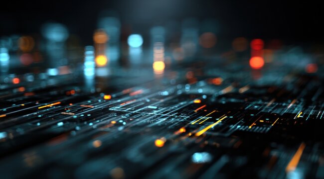 Abstract digital circuit board with glowing blue and orange lights