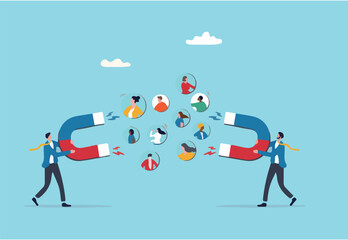 Talent war, company competition to draw skillful candidate to fill in vacancy, recruitment war or career challenge, prospect or applicant fighting concept, businessman fighting magnet for candidates