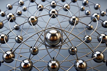 Stylized atomic structure with golden nucleus and metallic electrons in elliptical orbits illustrating molecular geometry and symmetry