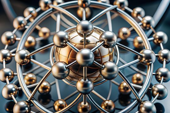 Stylized molecular structure with golden nucleus and silver atoms in concentric layers illustrating atomic geometry and scientific visualization