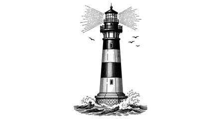Detailed vintage lighthouse with waves and birds in black and white design