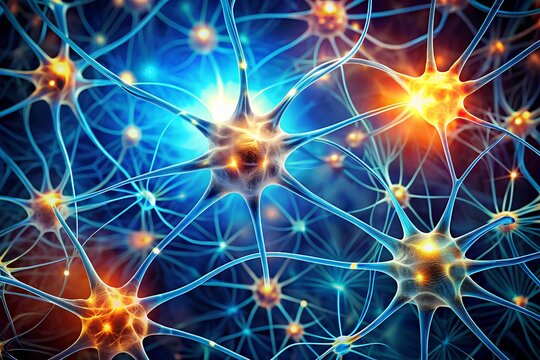 Colorful artistic rendering of neurons with glowing synaptic activity and branching dendrites illustrating brain communication