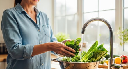Young caucasian female washing fresh vegetables in kitchen with natural light