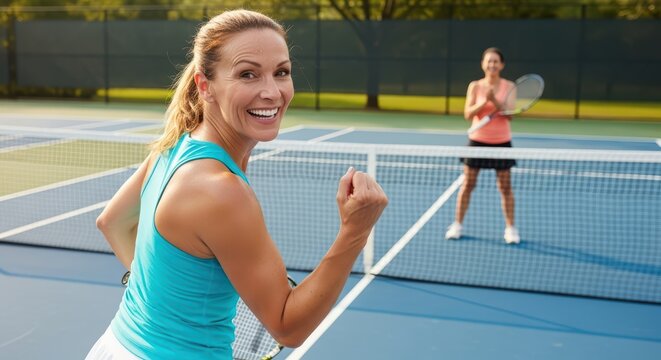 Caucasian females enjoying tennis match on outdoor court