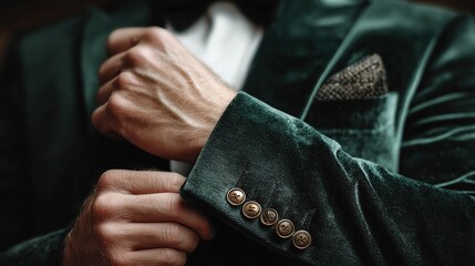 Close up of man adjusting sleeve of green velvet tuxedo jacket.

