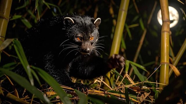 Binturong in Bamboo Forest at Night with Moon