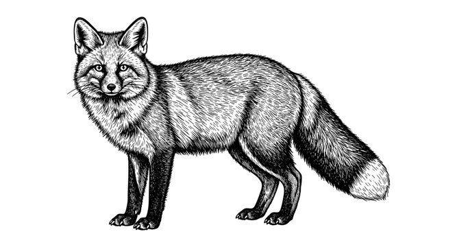 Realistic detailed black and white fox drawing with intricate fur texture