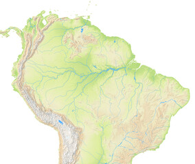 Map of Northern South America showing the isolated landmasses with relief representation, rivers, lakes. No boundaries. No labels at all.