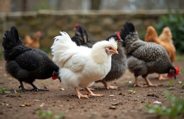 Fototapeta premium A flock of diverse silkie chickens peck for food in a garden setting. This image features a white silkie rooster and hens with black and barred plumage enjoying natural outdoor foraging.