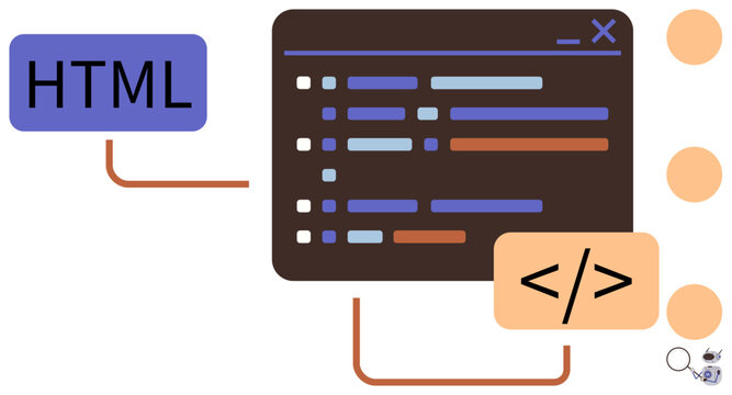 Code editor panel displaying coding syntax, with HTML label and coding tag graphics. Ideal for web development, programming, coding education, software design, IT training, data processing