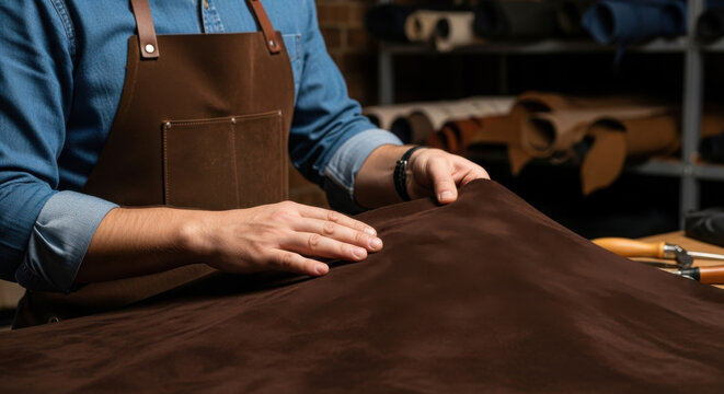 Leather artisan examining rich brown suede fabric - Powered by Adobe