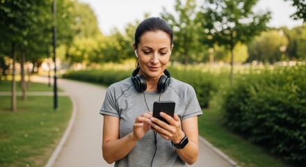 Young caucasian female using smartphone in park with headphones