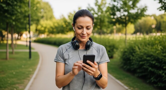 Young caucasian female using smartphone in park with headphones