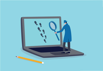 Website visitor tracking or digital footprint, analyze user behavior or track bounce rate concept, businessman detective using magnifying glass to track visitor footpath on laptop computer.