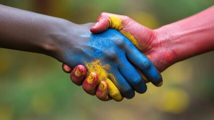 Diverse hands grasping firmly, covered in vivid varied colors, illustrating peace, profound tolerance, global unity, and accepting friendship outdoors.