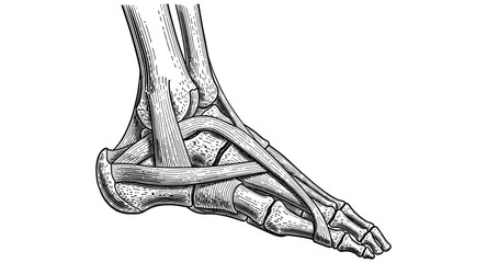Fototapeta premium Detailed anatomical drawing of human foot bones and tendons in vintage style