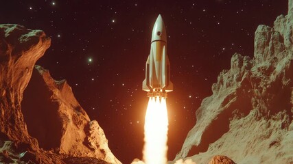 A rocket lifts off from a rocky surface under a starry sky, showcasing the thrill of space exploration and discovery