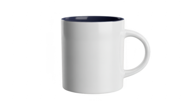White ceramic mug with dark blue interior and handle isolated on a transparent background
