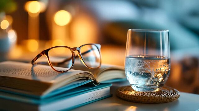 Nightstand with book half open, glasses folded, water ring on coaster, quiet recovery evening, warm tones, with copy space