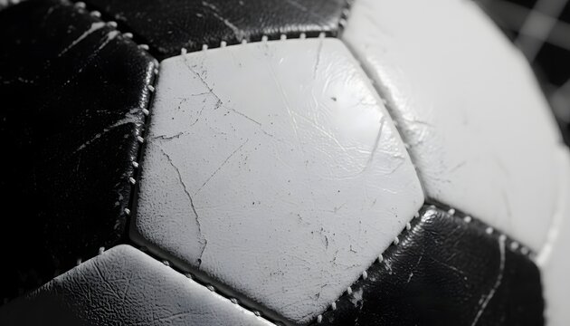 Close up shot of soccer ball with leather texture football sport equipment detail black and white design game pattern sport gear background - Powered by Adobe