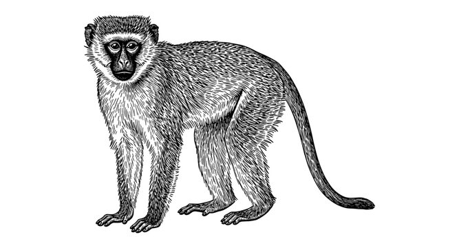 Detailed black and white monkey sketch: intricate hand-drawn wildlife art