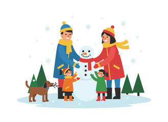 Naklejka premium Flat vector illustration of a family in warm clothes enjoying a winter outdoor rest, building snowmen, and taking a holiday walk for seasonal entertainment