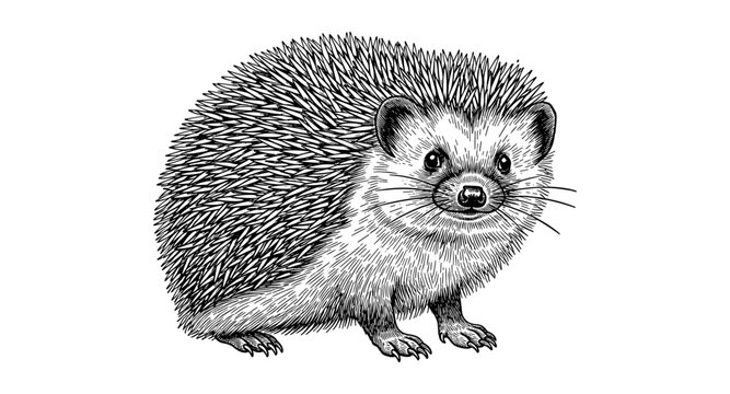 Detailed black and white hedgehog sketch with intricate fur texture