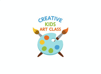 Flat vector logo for a kids’ art class, featuring a creative educational centre and children’s development studio concept, with isolated lettering on a white background, representing a drawing lesson