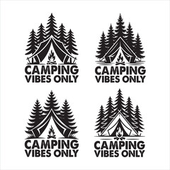 Camping vibes only" outdoor adventure emblem design with tent, campfire, Camping T-shirt Design