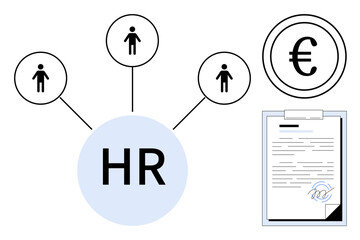 HR connections with employees, payroll in euro currency, and a signed contract. Ideal for workforce planning, recruitment, compensation, business, compliance job market organizational flow. Simple