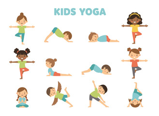 Fototapeta premium A hand‑drawn illustration of a kids’ yoga set showing children doing exercises, asanas, postures, and meditation