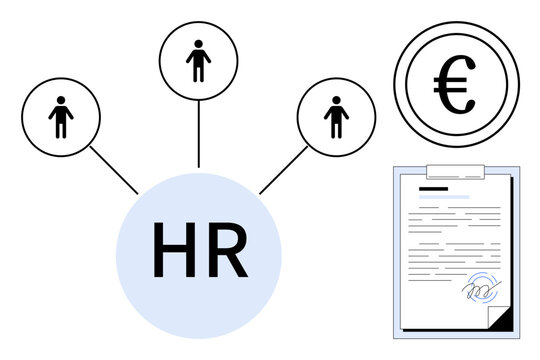 HR connections with employees, payroll in euro currency, and a signed contract. Ideal for workforce planning, recruitment, compensation, business, compliance job market organizational flow. Simple