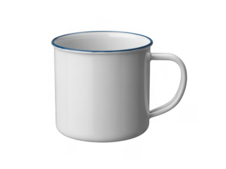 White enamel mug with blue rim isolated on a transparent background