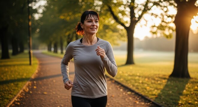 Young caucasian woman jogging in park at sunrise - Powered by Adobe