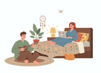 A hand‑drawn vertical postcard shows a romantic couple and a cat relaxing together, a cheerful young man playing guitar for his partner, with the phrase “All We Need Is Love” and a colorful flat