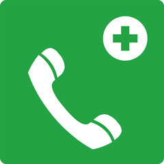 emergency medical phone assistance icon with handset and cross symbol on green background