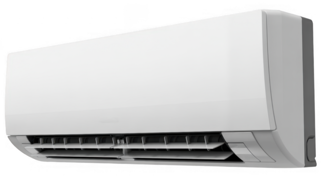 White split air conditioner unit with adjustable louvers isolated on a transparent background 1 - Powered by Adobe