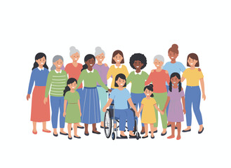 Fototapeta premium Illustration of a cheerful, diverse group of women from multiple nationalities standing together, depicted in flat vector style on a white background, featuring smiling adults and young ladies