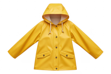 Yellow hooded raincoat with pockets and drawstrings isolated on a transparent background