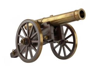 Antique brass and wood cannon with large spoked wheels isolated on a transparent background