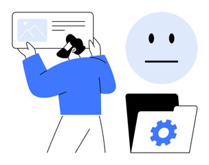 Person holding a large file tab, blank avatar face for anonymity, settings gear icon for customization. Ideal for data organization, privacy, software management, digital tools, system updates