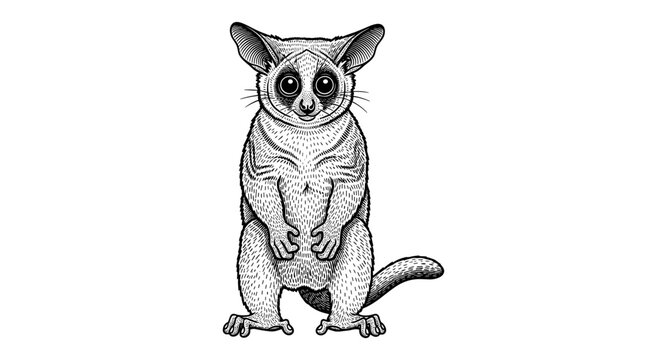Cute ringtail lemur illustration in monochrome engraving style