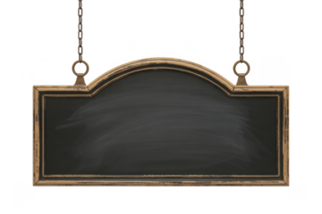 Arch top wooden framed blackboard hanging from chains isolated on a transparent background