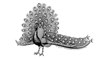 Obraz premium Intricate monochrome peacock with detailed feather pattern in engraving style