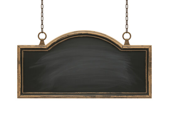 Arch top wooden framed blackboard hanging from chains isolated on a transparent background