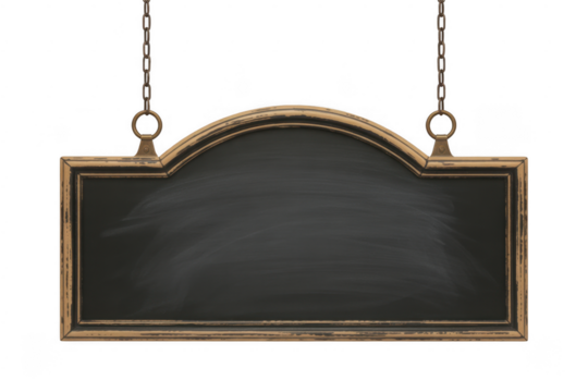 Arch top wooden framed blackboard hanging from chains isolated on a transparent background