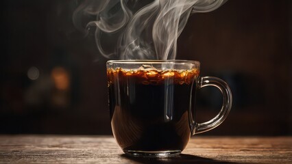 Steaming hot black coffee in a clear glass mug on a wooden table