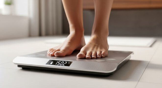 Woman's feet on digital scale measuring weight