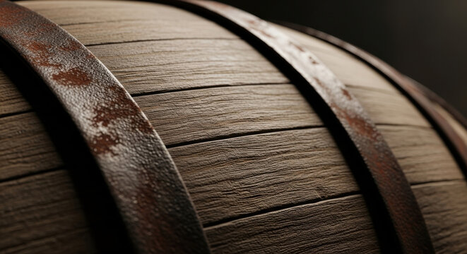 Close-up of a weathered wooden barrel with metal bands - Powered by Adobe
